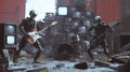 Robotic band performs a concert in a futuristic urban wasteland