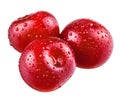 Three sour cherries with drops on white background Royalty Free Stock Photo