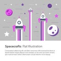 Spaceships flying in space among stars and planets, children flat illustration