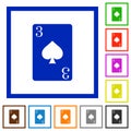 Three of spades card flat framed icons
