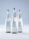Three sparkling water glass bottles with fake label on blue background Royalty Free Stock Photo