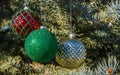 Three colorful Christmas ornaments hanging on pine tree branches Royalty Free Stock Photo