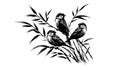 Three sparrows are depicted perched among bamboo stalks in Royalty Free Stock Photo
