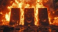 Three speakers on fire amidst dramatic inferno and burning destruction Royalty Free Stock Photo