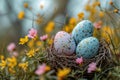 Three Speckled Easter Eggs In Hues Of Teal And Pink Rest In A Nest Surrounded