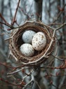 Three speckled eggs in nest on tree branch