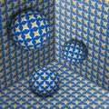 Three spheres move in corner. Optical illusion abstraction of starry pattern