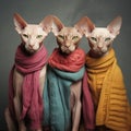 Three Sphynx cats wearing scarves, AI-generated. Royalty Free Stock Photo