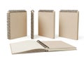 Three spiral-bound notebooks and loose sheets arranged neatly on a plain background. isolated on white background Royalty Free Stock Photo