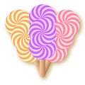 Three spiral candy on a stick . Vector illustration of striped lollipop on a pastel background