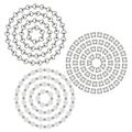 Three spiral circles. Geometric line patterns. Abstract Vector element set. Dynamic radial graphic. Royalty Free Stock Photo