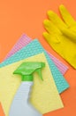 Three sponges and a bottle of spray for cleaning Royalty Free Stock Photo