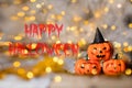 Three spooky orange pumpkins. Closeup