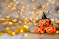 Three spooky orange pumpkins. Free space for a text. Closeup