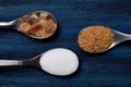 Three spoons with cane sugar, brown sugar cubes and white sugar side by side on a blue wooden board. Comparison of sugars