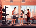 Three sports people are standing in a gym and doing exercises in a gym