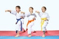 Three sportsman in karategi are hitting blows arms Royalty Free Stock Photo