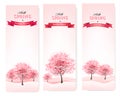 Three spring banners with blossoming sakura trees.