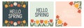 Three Spring Greeting Cards with Tulips and Flowers hello spring Royalty Free Stock Photo