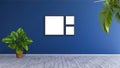 3 square format frame mockup on a blue wall with green leaf plants 3d rendering ilustration. Royalty Free Stock Photo