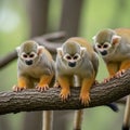Monkeys are closely huddled, appearing alert and curious. Squirrel monke Royalty Free Stock Photo