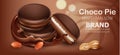 Three stacked choco pies with marshmallow surrounded by flowing chocolate and peanuts. Realistic. 3D mockup product