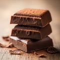 Three stacked pieces of rich dark chocolate are dusted with cocoa Royalty Free Stock Photo