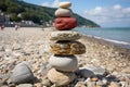 Three stacked stones on sea background with beautiful light and shadow interplay Royalty Free Stock Photo