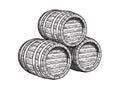 Three stacked wooden barrels for beer, wine, whisky, rum and other alcohol. Hand drawn engraving style illustrations