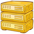 Three stacked yellow internet modems or network routers with indicator lights illustration Royalty Free Stock Photo