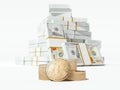 Three stacks of bitckoin and bundles of dollars. 3d rendering