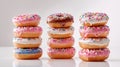 Stacks of colorful donuts with sprinkles and various glazes on a plain white background Royalty Free Stock Photo