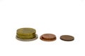 Three stacks of euro cents coins Royalty Free Stock Photo