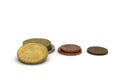 Three stacks of euro coins on a white background Royalty Free Stock Photo