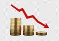 Stacks of gold coins with red downward trending arrow isolated on a transparent background money Royalty Free Stock Photo