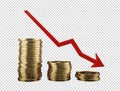 Stacks of gold coins with red downward trend arrow isolated on a transparent background money Royalty Free Stock Photo