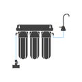 Three-stage water filter icon with a tap to supply water to the filters and a tap for consumption. Vector illustration
