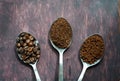 Three stages of spoons in coffee - beans, ground, instant Royalty Free Stock Photo