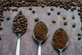 Three stages of spoons in coffee - beans, ground, instant Royalty Free Stock Photo