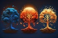 Three stages of tree development in nature, illuminated by a golden sunrise