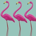three standing fake pink flamingos