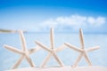 Three starfish on white sand beach with ocean