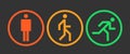 Three states icons of the human body position, stand, walk and run signs, simple abstract man symbol in circles