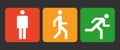 Three states icons of the human body position, stand, walk and run signs, simple abstract man symbol