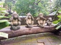 Three statue of a family of monkeys.