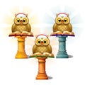 Three statues of owls with books on pedestals, isolated on white background. Cartoon vector close-up illustration. Royalty Free Stock Photo