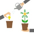 Three step infographic. Businessman hand holding money tree, watering can, idea bulb. Coin dollar sign Plant in the pot. Financial Royalty Free Stock Photo