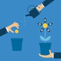 Three step infographic. Businessman hand holding money tree, watering can, seed Coin dollar sign Financial growth concept. Plant Royalty Free Stock Photo