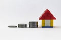 Three steps of piled up coins and a lego house shot against white background in saving concept
