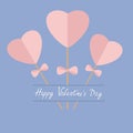 Three sticks with hearts and bows. Happy Valentines Day. Love card Flat design. Rose quartz serenity color